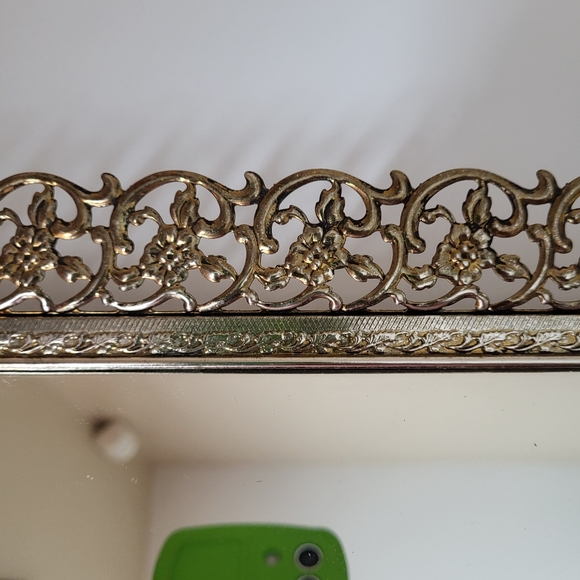 Vintage Ornate Openwork Brass Tone Metal Mirrored Vanity Tray - Picture 5 of 16